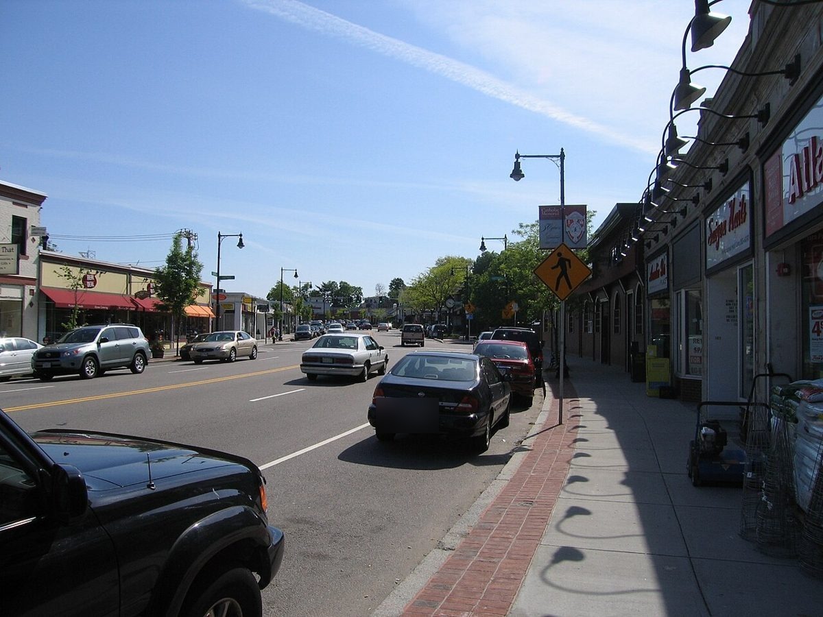 Centre Street shopping district in West Roxbury, Boston